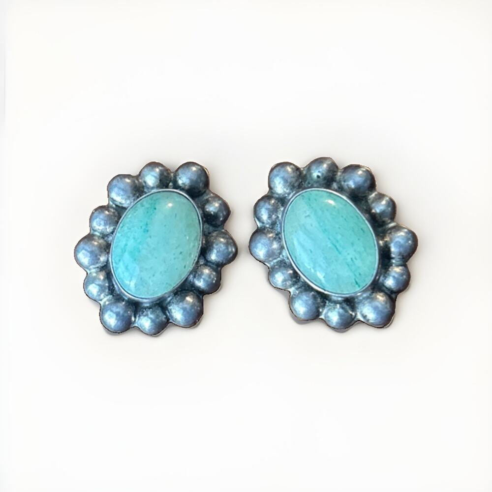 Vintage Taxco Sterling Silver Beaded Bezel Cabochon Turquoise Clip-On Earrings